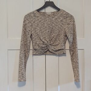 Altar'd State Tan White Crop Tie Front Blouse Long Sleeved Medium Excel Used